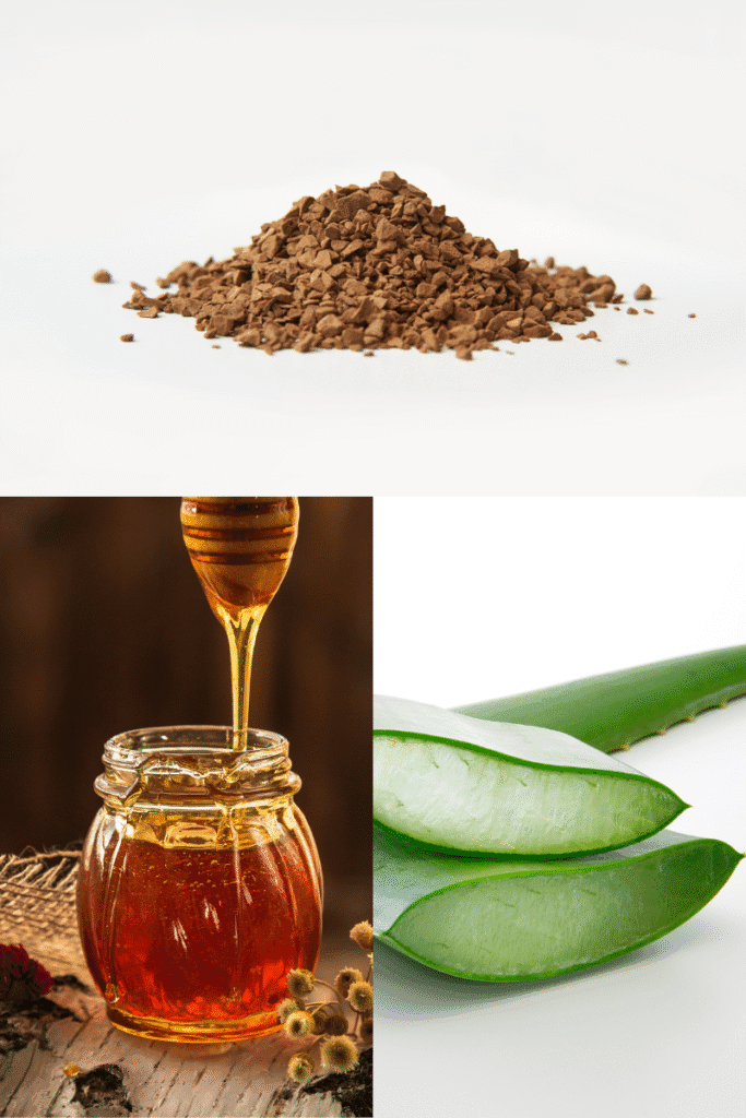 Flat lay of ground coffee, honey and aloe vera ingredients for coffee face mask DIY | skincaresolutions.in
